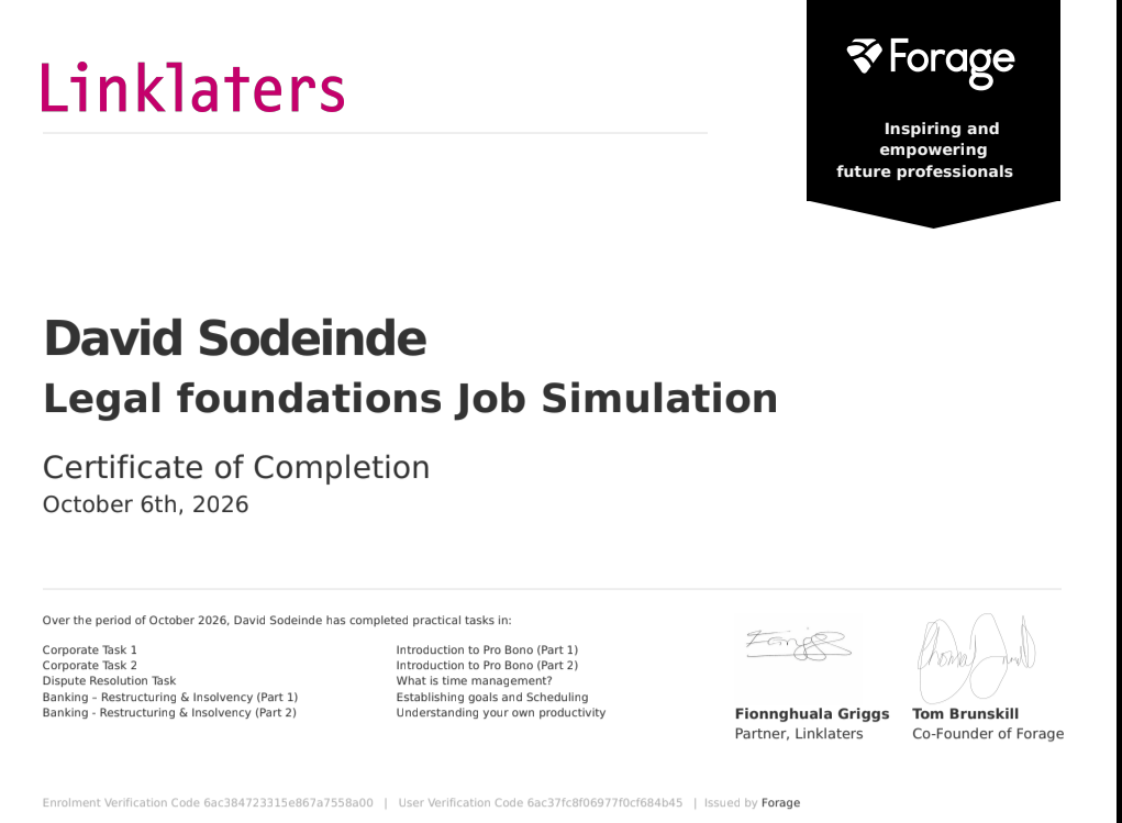 Linklaters - Legal foundations Job Simulation on Forage 1 1002613123 | SDavidPrince